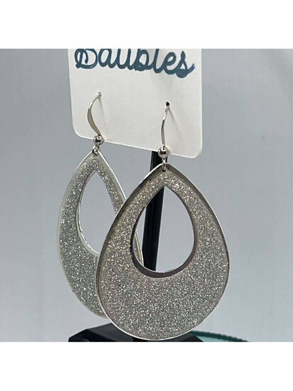 Baubles Teardrop Glitter Silver Dangle Earring